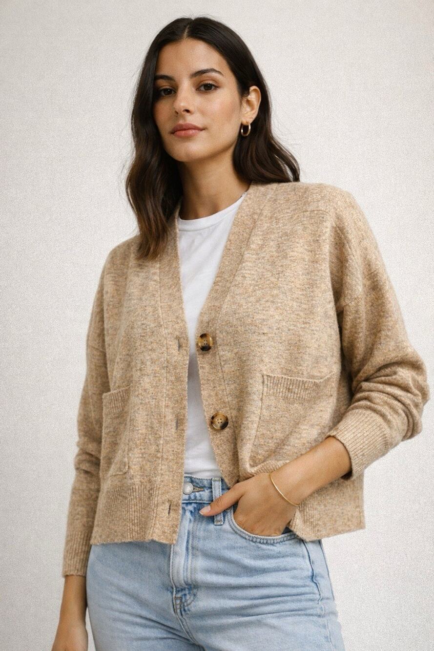 Mango Beige Marled Knit Cardigan Chunky Button Cozy Minimalist M